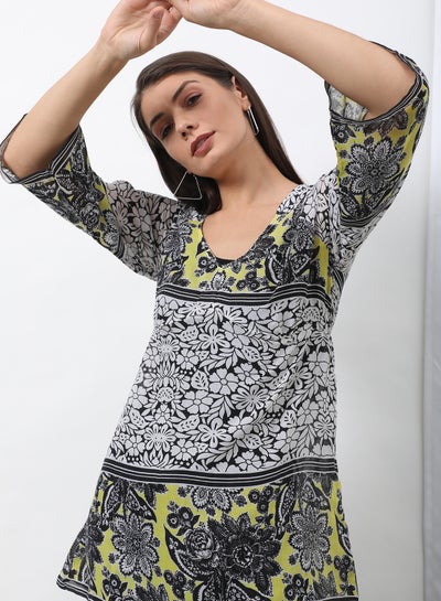 Buy Floral V-Neck Blouse Top Green Aop in Saudi Arabia