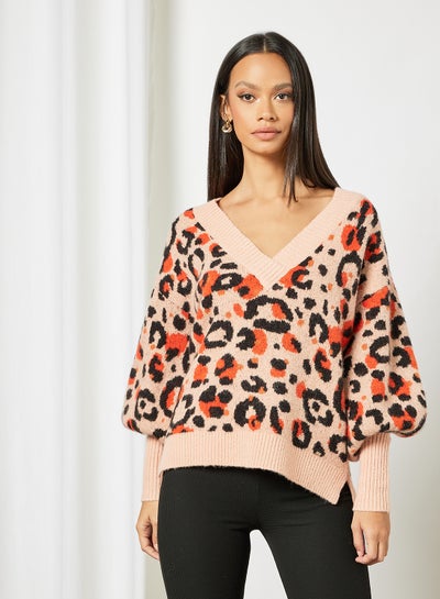 Buy Animal Print V Neck Sweater Dusty Pink in Saudi Arabia