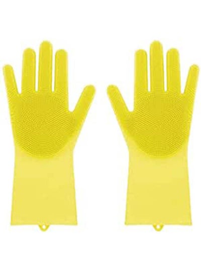 اشتري Magic Reusable Silicone Gloves With Wash Scrubber Dishwashing Gloves Yellow في مصر