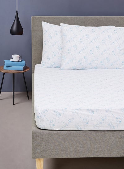 Buy Fitted Bedsheet Set Single Size  100% Cotton Percale Light Weight Everyday Use 180 TC High Quality 1 Bed Sheet And 2 Pillow Cases Printed Design Springfield Blue Color Springfield Blue 90 x 190 + 25cm in UAE