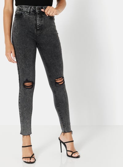 Buy Faded High Waist Ripped Jeans Grey in Saudi Arabia