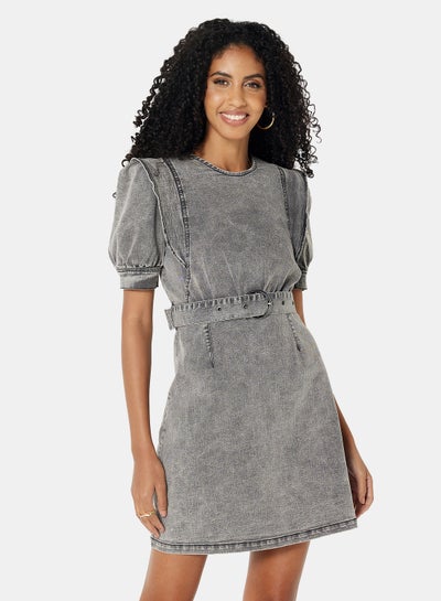 Buy Puff Sleeve Denim Dress Medium Grey in Egypt