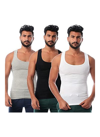 اشتري Round-Neck Solid Sleeveless Undershirt For Men Set Of 3 Multicolour في مصر