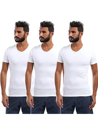 Buy V-Neck Short Sleeve Solid Undershirt For Men Set Of 3 White in Egypt