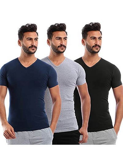 Buy V-Neck Short Sleeve Solid Undershirt For Men Set Of 3 Multicolour in Egypt