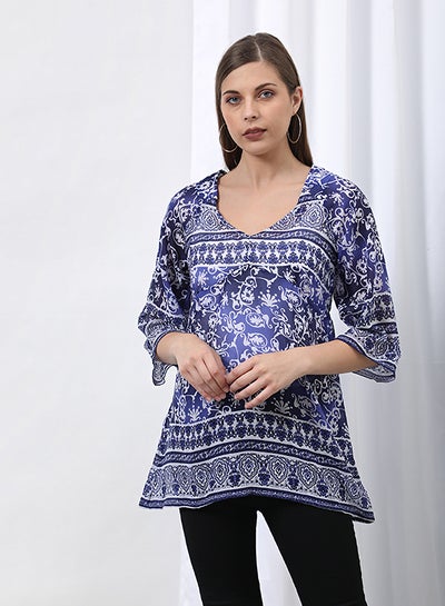 Buy Printed V-Neck Top Blue Aop in Saudi Arabia