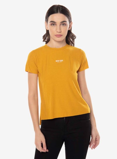 Buy Ribbed Detail Crew Neck Top Mustard Yellow in UAE