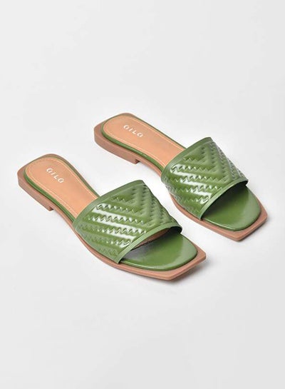 Buy Quilted Weave Pattern Broad Strap Flat Sandals Green in UAE