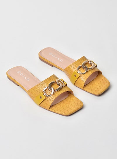 Buy Chain Detail Broad Strap Flat Sandals Mustard Yellow in UAE