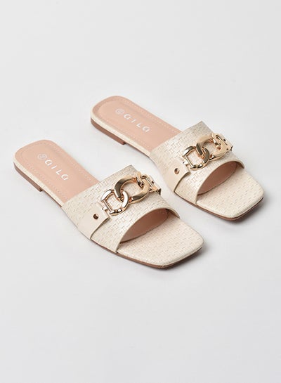 Buy Chain Detail Broad Strap Flat Sandals Off White in Saudi Arabia
