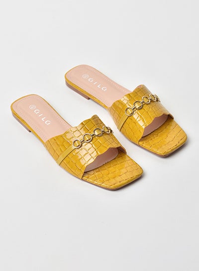 Buy Animal Pattern Broad Strap Flat Sandals Mustard Yellow in UAE