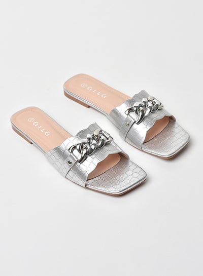 Buy Animal Pattern Chain Detail Strap Flat Sandals Silver in Saudi Arabia