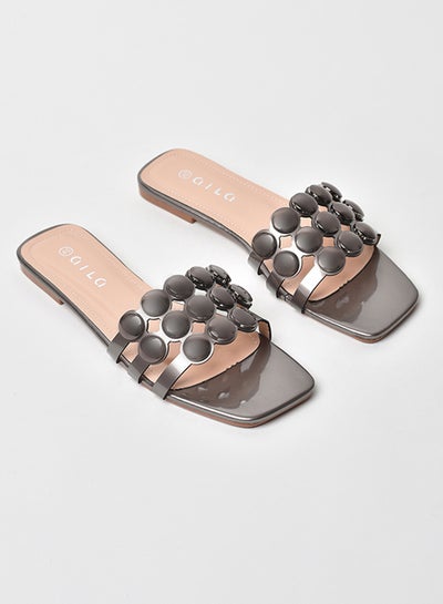 Buy Stone Embellished Strap Flat Sandals Gunmetal Grey in UAE