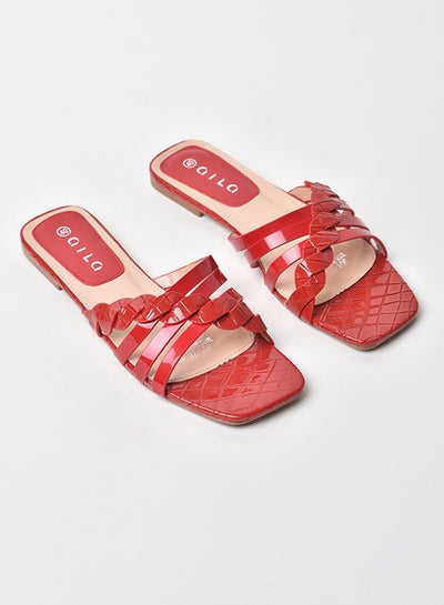 Buy Checked Pattern Multi Strap Flat Sandals Maroon in Saudi Arabia