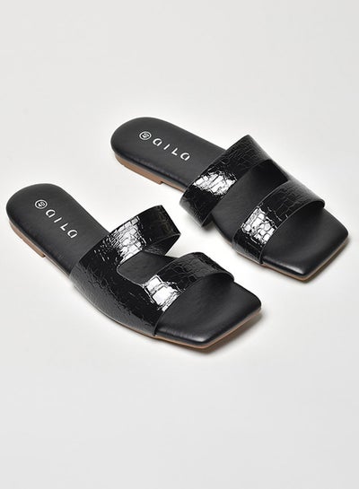 Buy Animal Pattern Cut-Out Strap Flat Sandals Black in UAE