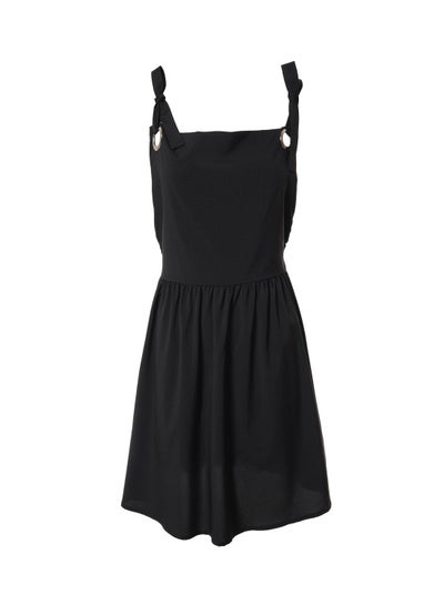 Buy Women's Casual Polyester Sleeveless Straps Mini Pinafore Dress With Square Neck Black in Saudi Arabia
