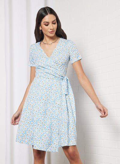 Buy Casual Short Sleeve Knee Length Belted Dress Wrap V-Neck Printed  Pattern Blue in Saudi Arabia