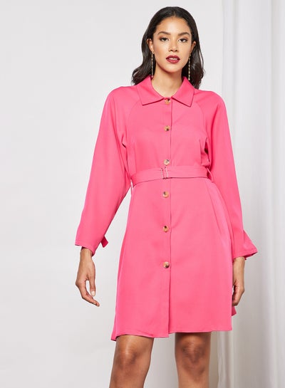 Buy Casual Polyester Blend Long Sleeve Knee length Belted Dress With Collared Neck Button Down Fuchsia in UAE