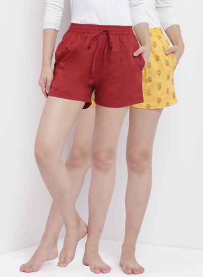 Buy 2 Pack Of Comfortable Printed Shorts With Scrunchie Wine/Yellow in UAE