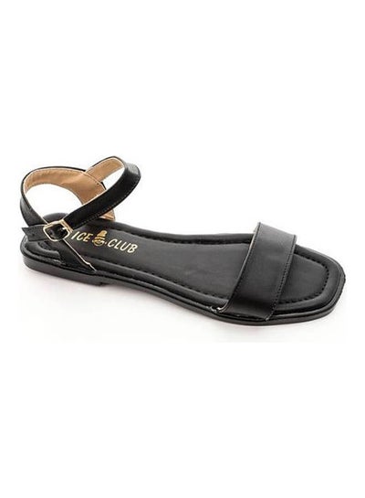 اشتري Textured Leather Buckled Flat Sandals Black في مصر