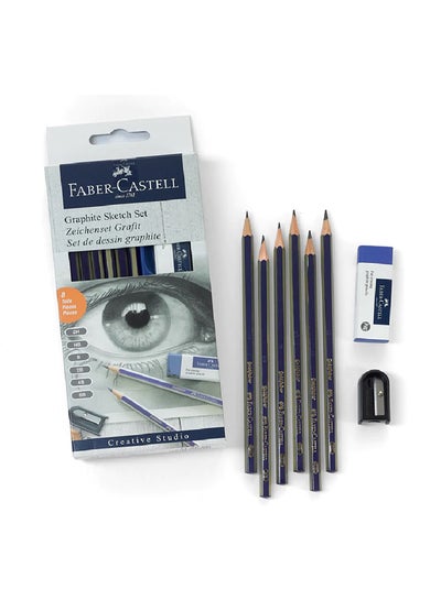 Buy 8-Piece Graphite Sketch Set ( 6 Pencil + 1 Sharpener + 1 Eraser ) Grey/White/Black in UAE