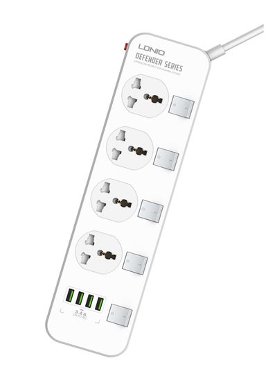 Buy Sc4408 Defender Series 2500W 4 Sockets With Independent Switch 3.4A 4 Usb Port Multifunction Power Surge Protector, Medium White 2meter in UAE