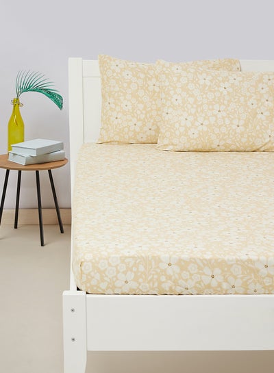 اشتري Fitted Bedsheet Set Twin Size High Quality 100% Cotton Percale 144 TC Light Weight Everyday Use 1 Bed Sheet And 2 Pillow Cases Printed Beige Cotton Beige في الامارات