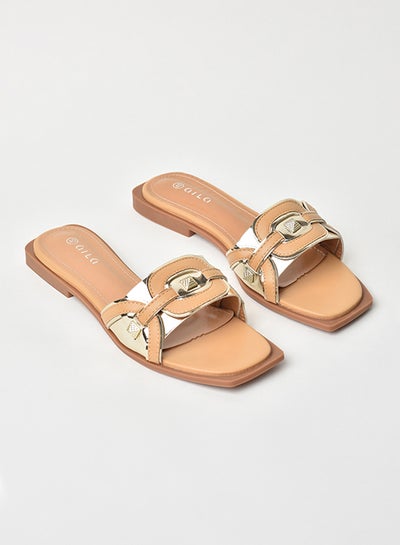 Buy Slip-On Detail Flat Sandals Light Beige/Gold in Saudi Arabia