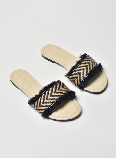 Buy Striped Pattern Strap Flat Sandals Beige/Black in Saudi Arabia