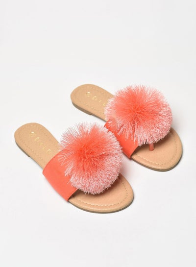 Buy Thread Pom-Pom Detail Strap Flat Sandals Coral in Saudi Arabia