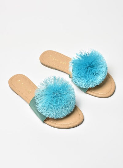 Buy Thread Pom-Pom Detail Strap Flat Sandals Green in Saudi Arabia