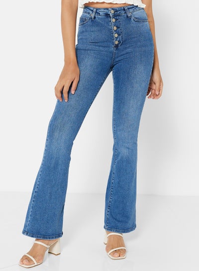 Buy Buttoned Wide Hem Jeans Indigo in UAE