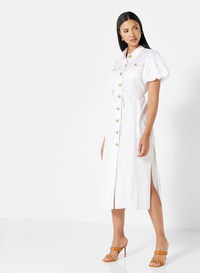Buy Puff Sleeve Midi Shirt Dress White in UAE