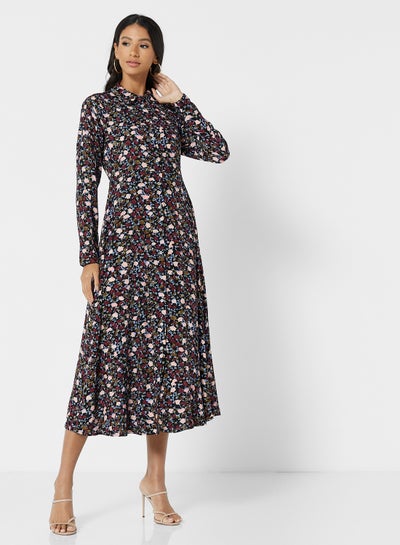 Buy Floral Print Midi Dress Black in Saudi Arabia