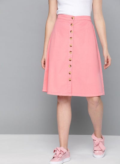 Buy A-Line Button Detailed High Waist Knee Length Chino Skirt Pink in Saudi Arabia