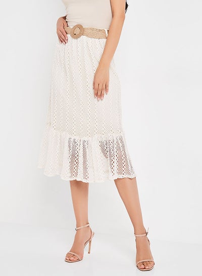 Buy Straw Belt Detailed Midi Skirt Ecru in Saudi Arabia