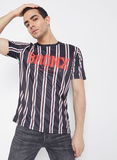 Buy Slim Fit Striped T-Shirt With Round Neck And Short Sleeves Black in Saudi Arabia