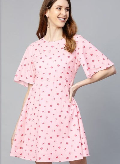 Buy Printed Stylish Round Neck Casual Mini Dress Rosewater in Saudi Arabia