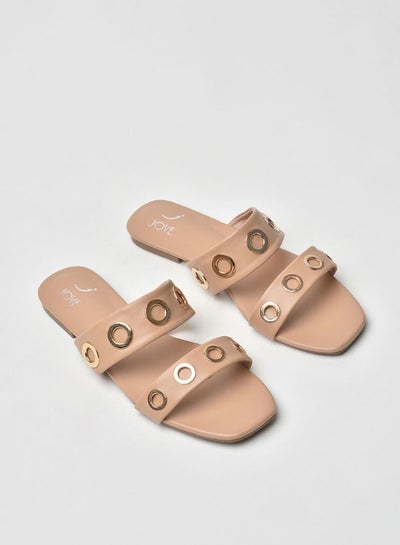 Buy Stylish Elegant Two Stipe Detail Slip-On Flat Sandals Beige in Saudi Arabia