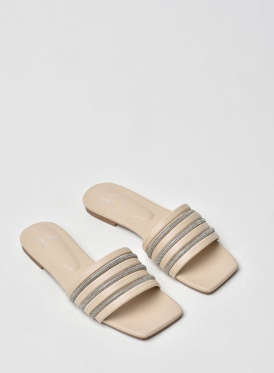 Buy Stylish Elegant Flat Sandals Beige/Silver in Saudi Arabia