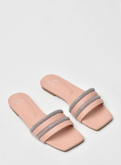 Buy Stylish Elegant Square Toe Slip-On Flat Sandals Pink/Silver in Saudi Arabia