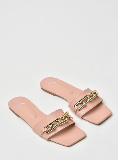 Buy Stylish Elegant Chain Detailed Slip-On Flat Sandals Pink/Gold in Saudi Arabia