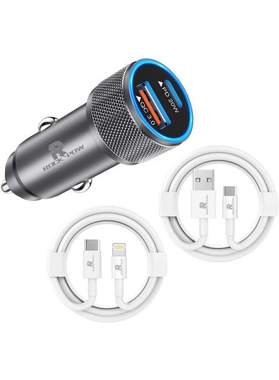 اشتري [Apple MFi Certified] iPhone Fast Car Charger,38W Dual Port USB C Power Delivery All Metal Car Adapter with 2 pcs Lightning and Type C Cable, PD20/QC3.0 Car Quick Charging for iPhone/iPad/AirPods,Samsung/Huawei/Xiaomi/Google Pixel, Grey في الامارات