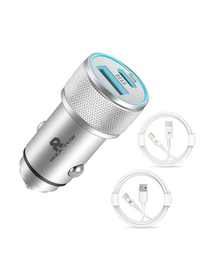 اشتري [Apple MFi Certified] iPhone Fast Car Charger,38W Dual Port USB C Power Delivery All Metal Car Adapter with 2 pcs Lightning and Type C Cable, PD20/QC3.0 Car Quick Charging for iPhone/iPad/AirPods,Samsung/Huawei/Xiaomi/Google Pixel, Silver في الامارات