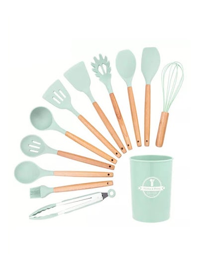 Buy 11-Piece Silicone Cooking Utensil Set With Holder Sea Green 12X12X33cm in Egypt
