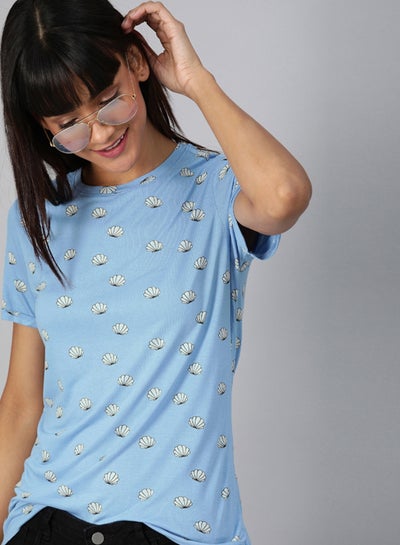 Buy Casual Printed Round Neck T-Shirt Blue in Saudi Arabia