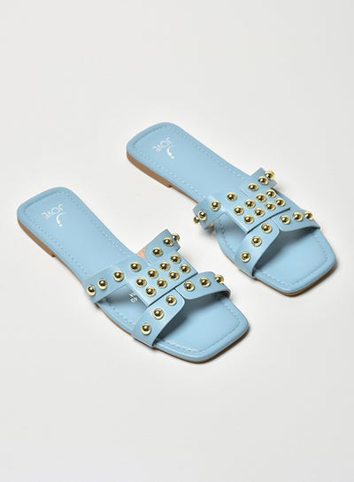 Buy Stone Embellished Broad Strap Flat Sandals Blue/Gold in UAE