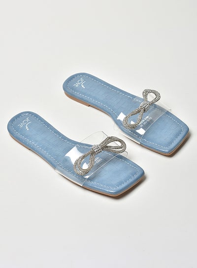 Buy Stone Embellished Broad Strap Flat Sandals Blue/Silver/Clear in Saudi Arabia