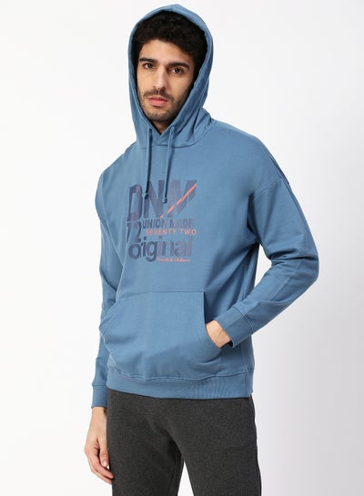 Buy Men's Casual Comfortable Fit Printed Hoodie With Front Pockets And Long Sleeves Deep Aegean in UAE