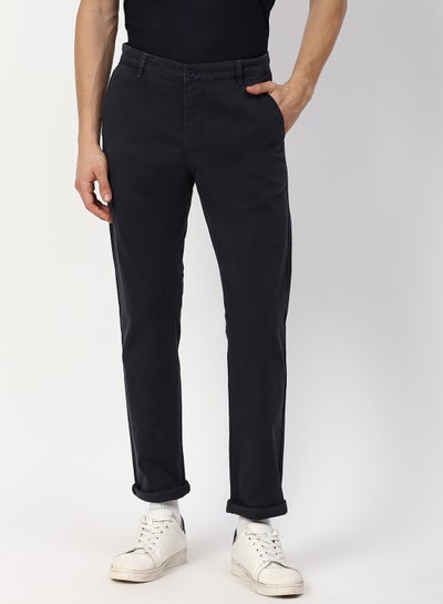 Buy Solid Twill Trousers Navy Blue in UAE